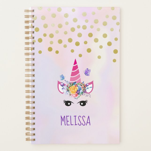 Agenda Tendy Unicorn com Flores Borboletas e Confetti (Frente)