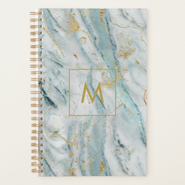 Agenda Textura Azul Moderno e Dourada do Mármaco Monogram (Frente)