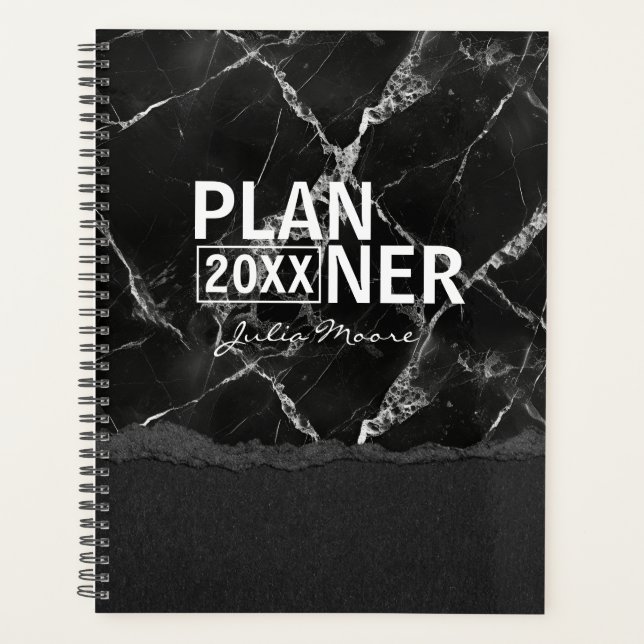 Agenda Textura de Mármore Preto Personalizada  (Frente)