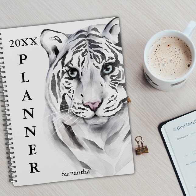 Agenda Tigre Branco de Aquarela Personalizado (Criador carregado)
