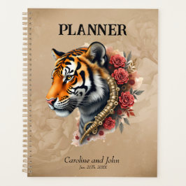 Agenda Tigre Steampunk com Ilustração de Rosas.