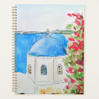 Agenda Tinta azul da igreja grécia e aquarela