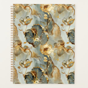 Agenda Tinta Floral Watercolor Azuis Dourados Cinzas