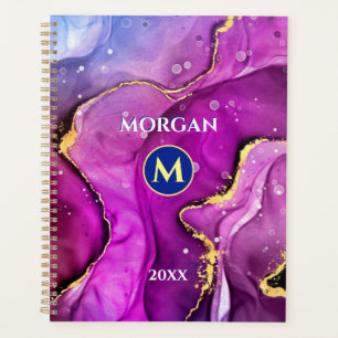 Agenda Tinta líquida violeta vermelha e Dourada, monogram