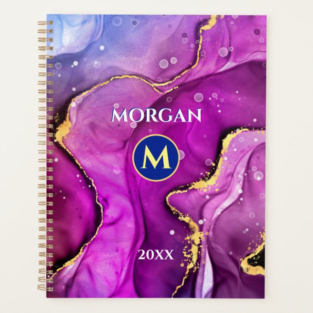 Agenda Tinta líquida violeta vermelha e Dourada, monogram (Frente)