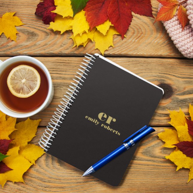 Agenda Tipografia Dourada Mínima de Linen Preto Monograma (Criador carregado)