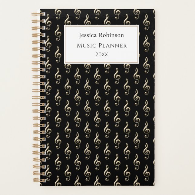 Agenda Treble Clef Music Themed Patterno Elegante Black (Frente)