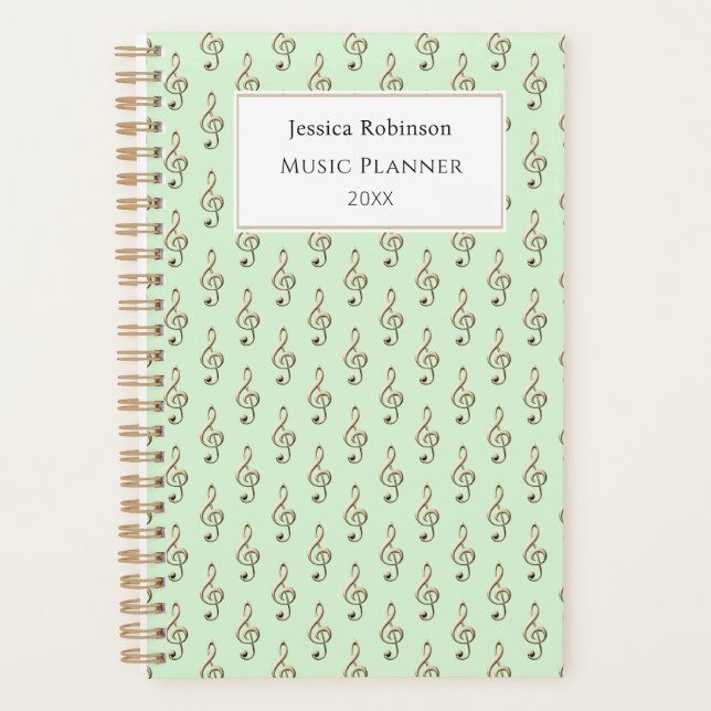 Agenda Treble Clef Music Themed Patterno Elegante Green (Frente)