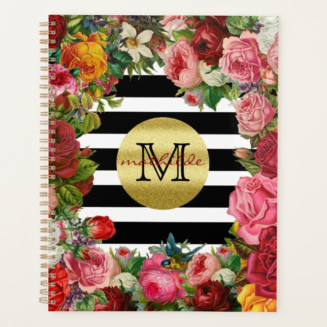 Agenda Trendy Monograma Rosas Flores Douradas Brilhante (Frente)
