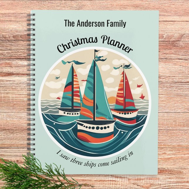 Agenda Três navios Festivo Na moda náutica Natal (A spiral-bound Christmas planner with 'I Saw Three Ships' design in turquoise and orange colors)