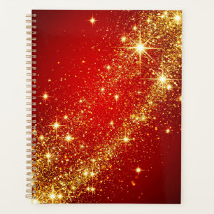 Agenda Trilha Dourada Brilhante em Fundo Vermelho Vibrant