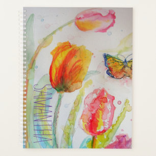 Agenda Tulipas Rosa Tulipas Floral Watercolor Mulher Nome