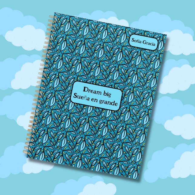 Agenda Turquesa Azul Deixa o Sonho Grande Sueña em Grande (Bilingual blue leaves planner "dream big Sueña en Grande" custom text & name by multilingual project)