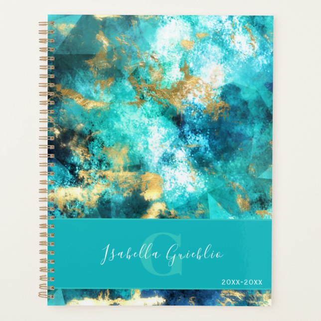 Agenda Turquesa e Design Abstrato de mármore Dourado (Frente)
