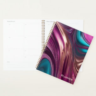Agenda Turquesa Magenta Abstrato-Viva Moderna e Dourada