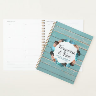 Agenda Turquesa russa Madeira e Penas de Ferro Boho Chic