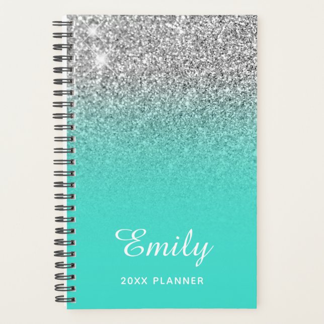 Agenda Turquesa Silver Glitter Ombre Personalizado (Frente)