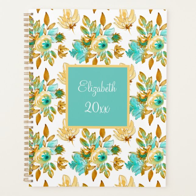 Agenda Turquoise & Gold Floral Personalized (Frente)