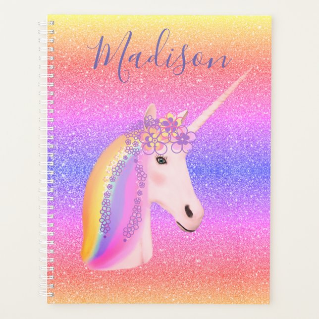 Agenda Unicorn Pastel Rainbow Glitter Personalizado (Frente)