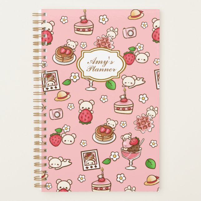 Agenda Urso de Morango Personalizado e Desserts Rosa Kawa (Frente)