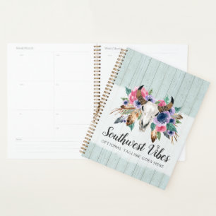 Agenda Vaca Floral Russa Crânio Aquarela Madeira Boho Ch