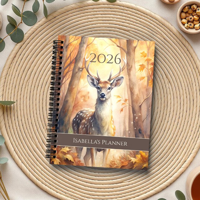 Agenda Veado do outono Whimsonal - Fairycore sazonal (Whimsical Autumn Deer – Seasonal Fairycore Planner on  a boho table with botanicals and a cup of tea)