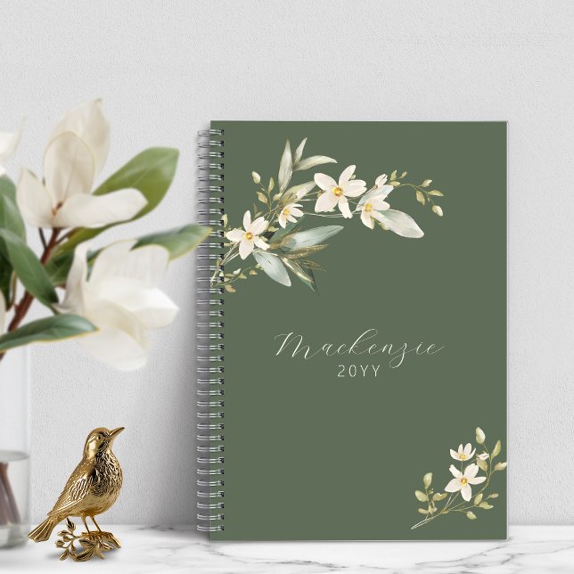 Agenda Verde Elegante Floresta Selvagem Verde Verde (Elegant Green Wildflower Greenery Botanical Undated  Planner)