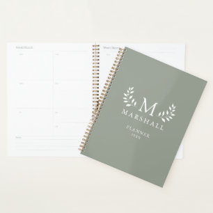 Agenda Verde Moderno Elegante Monograma Floral