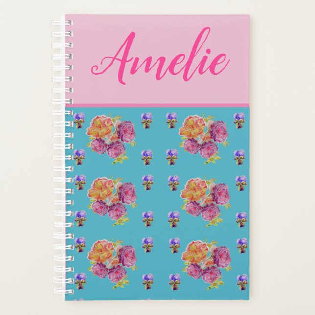 Agenda Vermelho Rosa Rosa Chique Teal Aqua Flor Floral (Frente)