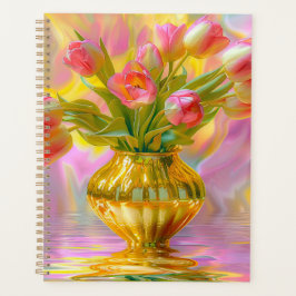 Agenda Vibrant Pink Tulips in Golden Vase