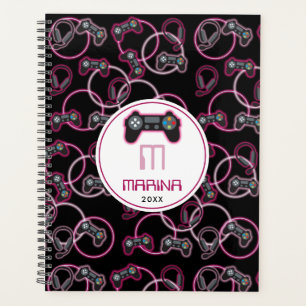 Agenda Vídeo Jogo Meninas Neon Pink Monograma Padrão