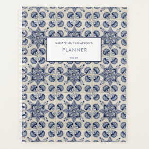 Agenda Vintage Blue - Receita Geométrica da Flor Branca