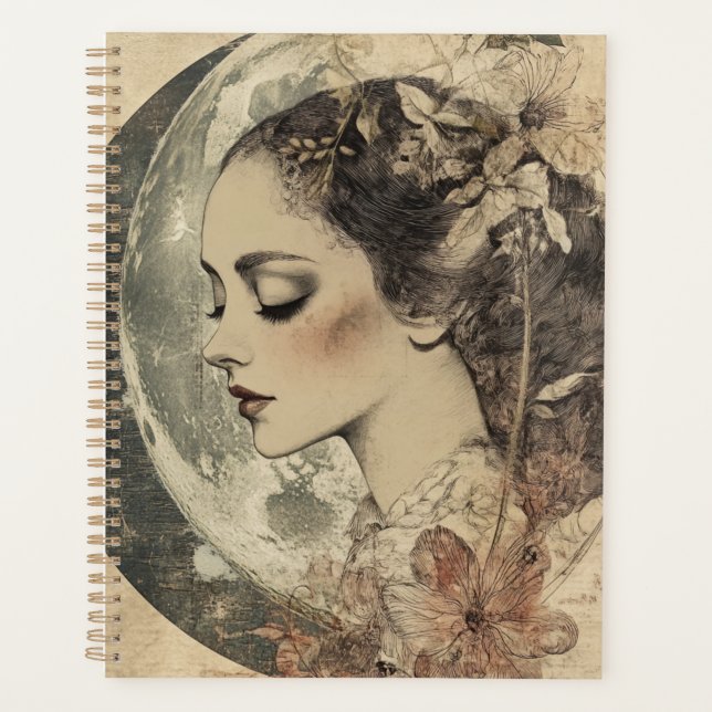 Agenda Vintage Boho Sideview Mulher e Moon Crescente (Frente)