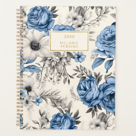 Agenda Vintage Floral Antiquado Azul-Branco Creme Selvage