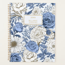 Agenda Vintage Floral Azul Branco Rosas Antigos