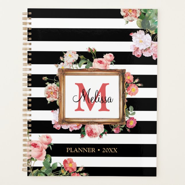 Agenda Vintage Floral e Stripes Monograma Antiquado (Frente)