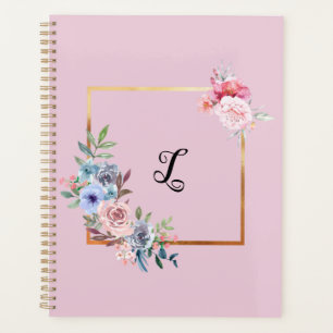 Agenda Vintage Golden Multicolored Flowers Monogram Text 