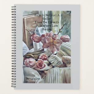Agenda Vintage Home Pink Flowers Love Quote Cinza Diário