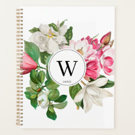 Agenda Vintage White & Pink Magnolia Flowers Monograma