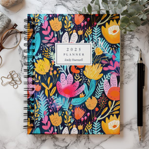 Agenda Vívida Mão Pintada Floral Turquesa Monograma 2025