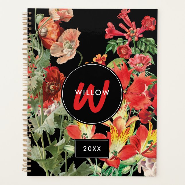 Agenda Watercolor Flores selvagens Monograma Vermelho Neg (Frente)