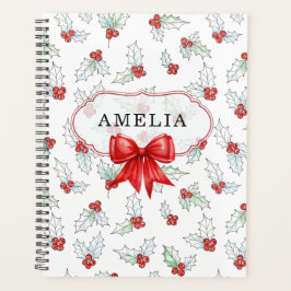 Agenda Watercolor Holly Berries  Red Ribbon Custom Name