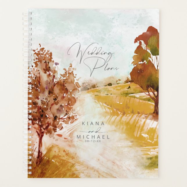 Agenda Watercolor Landscape Wedding Autumn Dourado ID786 (Frente)