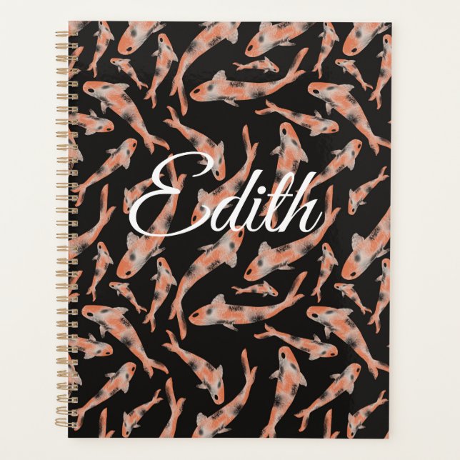 Agenda Watercolor Orange Koi Fish Black Personalizado (Frente)