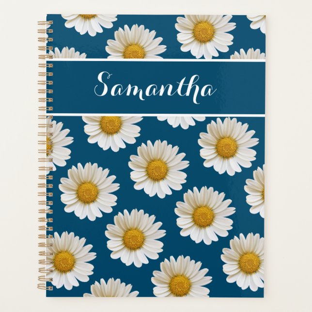 Agenda White Daisies em Azul com Nome Personalizado (Frente)