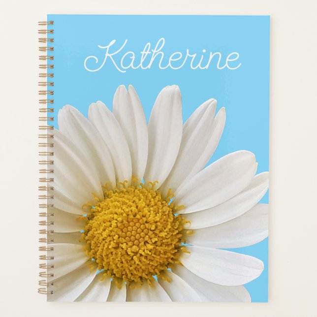 Agenda White Daisy on Sky Blue Custom Name Planner (Frente)