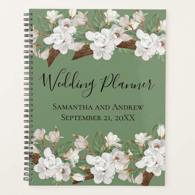 Agenda White Floral Greenery Magnolia Planner de Casament (Frente)