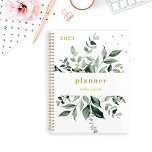 Agenda Wild Greenery | Elegant White<br><div class="desc">This stylish botanical 2023 planner features a frame of abundant watercolor green leaves on a simple white background with trendy,  elegant gold colored text and accents.</div>