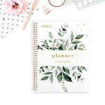 Agenda Wild Greenery | Elegant White<br><div class="desc">This stylish botanical 2023 planner features a frame of abundant watercolor green leaves on a simple white background with trendy, elegant gold colored text and accents.</div>