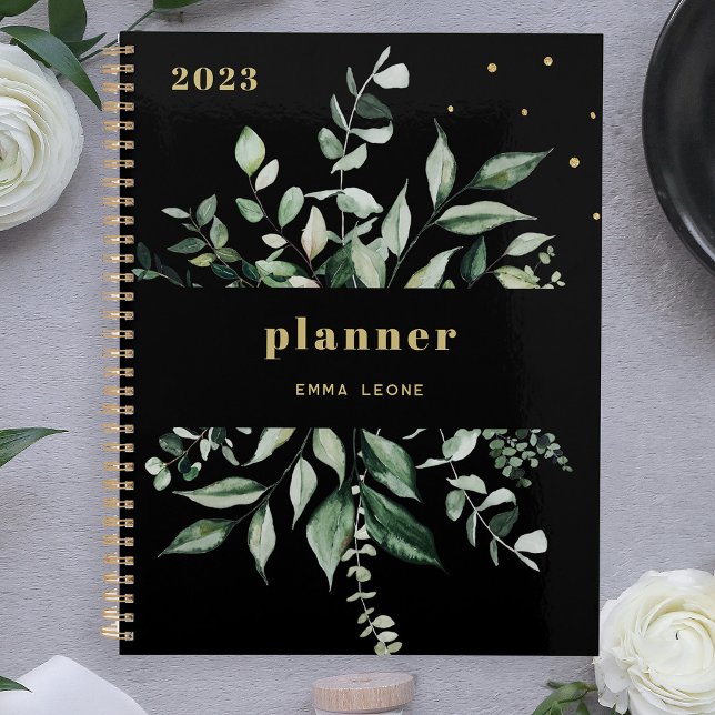 Agenda Wild Greenery | Preto Elegante (Criador carregado)